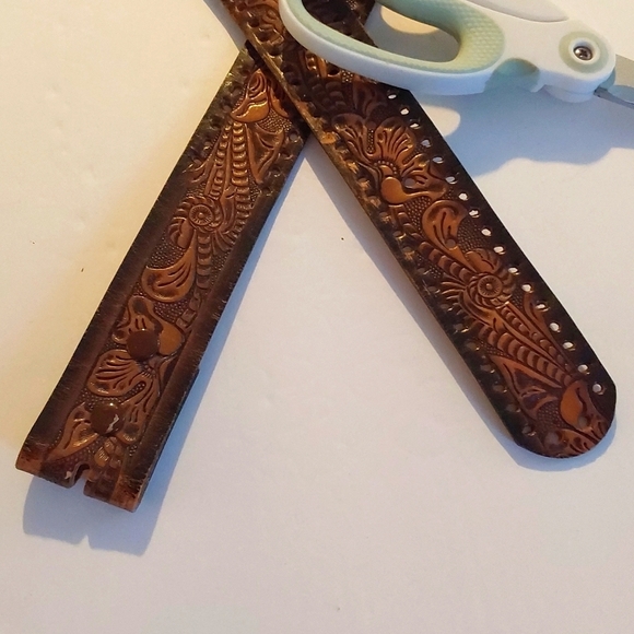 Vintage Mens Brown Hand tooled Premium leather Floral style Dress Belt Sz.38 - Picture 4 of 6